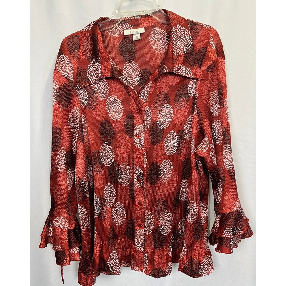 Dressbarn Red Abstract Floral Plisse Ruffle Blouse Plus Size 3X Long Sleeve Tie